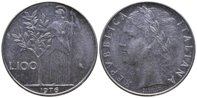 ИТАЛИЯ 100 ЛИР 1976 R, АФИНА KM 96.1 нержавеющая сталь 3334-946