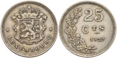 ЛЮКСЕМБУРГ 25 САНТИМОВ 1927 ГОД ТИП KM 37 медно-никель 4548-752