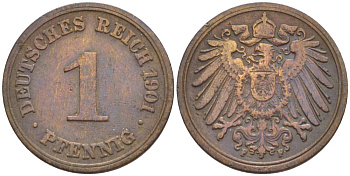 ГЕРМАНИЯ 1 ПФЕННИГ 1901 F KM 10, Jager. 10, Weege 2 медь 4528-1169