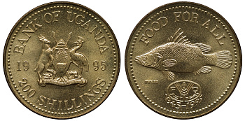 Уганда 200 шиллингов 1995 50 лет FAO, рыба KM 148 алюминиевая бронза UNC M23-13