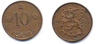 Финляндия 10 пенни 1937 республика (1918-1962) KM 24 медь 51-5544