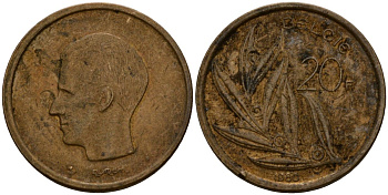 Бельгия 20 франков 1980 Belgie, Бодуэн I (1951-1993) KM 160 никель бронза 4599-141