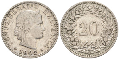 ШВЕЙЦАРИЯ 20 РАППЕНОВ 1902 В KM 29 никель 55-617