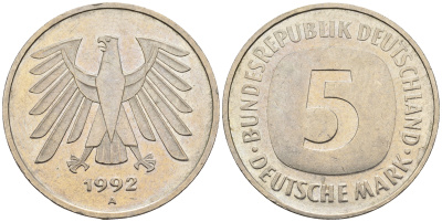 ФРГ 5 марок 1992 A, KM 140.1 , J 415 медно-никель плакированный никелем 85-1157