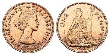 Великобритания 1 пенни 1967 Елизавета II (1952-2022) KM 897, Spink 4157 бронза 4389-924