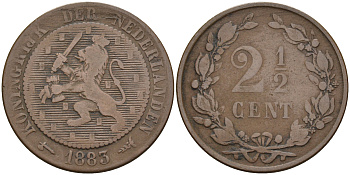 Нидерланды 2-1/2 цента 1883 редкий год KM 108 медь 4595-321