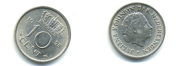 НИДЕРЛАНДЫ 10 ЦЕНТОВ 1958 ЮЛИАНА KM 182 никель UNC 83-961