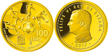 Испания 100 евро 2017 чемпионат мира по футболу в России KM NEW золото PROOF 10-014-14