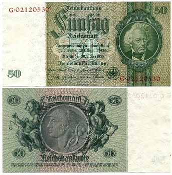 Германия 50 рейхсмарок 1933 Давид Ганземан, без серийного номера на оборотной стороне Pick 182 b бумага аUNC 7214-34-2-2