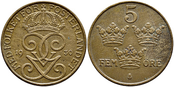 Швеция 5 эре 1930 Густав V (1907-1950) KM 779.2 бронза 4394-922