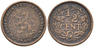 Нидерланды 1/2 цента 1917 Вильгельмина (1890-1948) KM 138 бронза 4576-416
