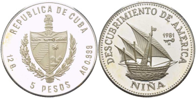 Куба 5 песо 1981 открытие Америки, парусники Колумба, испанская каравелла Нинья, тираж 1000 экземпляров KM 71 серебро PROOF 1087-9-52