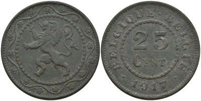 Бельгия 25 сантимов 1917 Belgique - Belgie KM 82 цинк 4135-1057