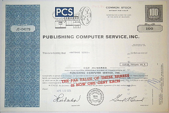 США, Publishing Computer Services, Inc. 100 акций 1974 бумага 8805-55-1