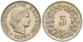 ШВЕЙЦАРИЯ 5 РАППЕНОВ 1955 В KM 26 медно-никель 4532-948
