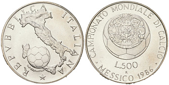 Италия 500 лир 1986 R, Чемпионат мира по футболу 1986 KM 119 серебро BU 34-523