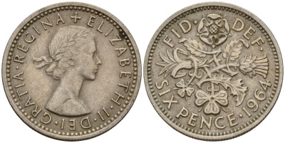 Великобритания 6 пенсов 1964 Елизавета II (1952-2022) KM 903, Spink 4149 медно-никель 4189-843