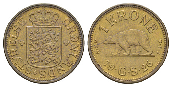 Гренландия 1 крона 1926 NCN; CJ, медведь, датская колония, Кристиан X (1912-1947) KM 8 алюминиевая бронза 441-635