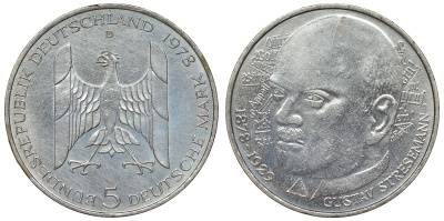 ФРГ 5 марок 1978 D, 200 лет со дня рождения Густава Штреземана J. 422, KM 147 серебро UNC 71-1153