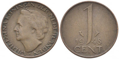 Нидерланды 1 цент 1948 Вильгельмина (1890-1948), год тип KM 175 бронза 112-319