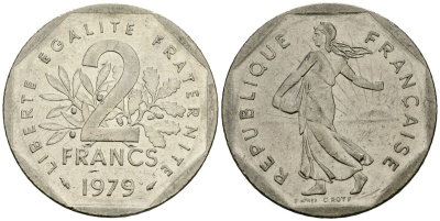 Франция 2 франка 1979 сеятель KM 942.1, Le Franc 272.3 никель 4120-1044