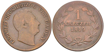 Баден 1 крейцер 1849 Леопольд I (1830-1852) КМ 218.2 медь 117-822