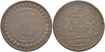 Тунис 10 сантимов 1892 AH 1309, Али III ибн аль-Хусейн KM 222 бронза 115-632