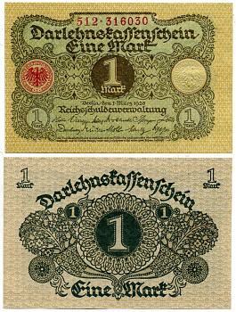 ГЕРМАНИЯ 1 МАРКА 1920 1 МАРТА 1920, ВЕЙМАРСКАЯ РЕСПУБЛИКА Pick 58 бумага аUNC 7547-32-4