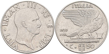 ИТАЛИЯ 50 ЧЕНТЕЗИМО 1939 R, ГОД XVIII, ВИКТОР ЭММАНУИЛ III (1900-1946), немагнитная, ГУРТ РИФЛЁНЫЙ KM 76а, VEM3. 1058a) нержавеющая сталь 3853-253