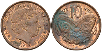 Новая Зеландия 10 центов 2006 Елизавета II (1952-2022), маска маори KM 117а сталь плакированная медью 119-1044