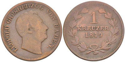 Баден 1 крейцер 1849 Леопольд I (1830-1852) КМ 218.2 медь 117-822