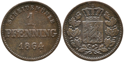 Бавария 1 пфенниг 1864 Максимилиан II (1848-1864) KM 471 медь 100-625