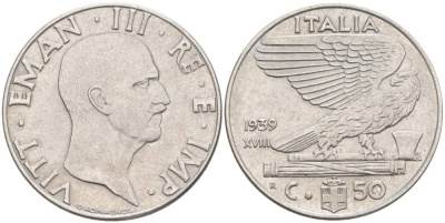 ИТАЛИЯ 50 ЧЕНТЕЗИМО 1939 R, ГОД XVIII, ВИКТОР ЭММАНУИЛ III (1900-1946), немагнитная, ГУРТ РИФЛЁНЫЙ KM 76а, VEM3. 1058a) нержавеющая сталь 3853-253