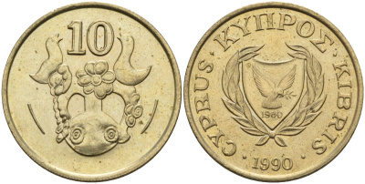 Кипр 10 центов 1990 KM 56.2 никель латунь 4141-1154