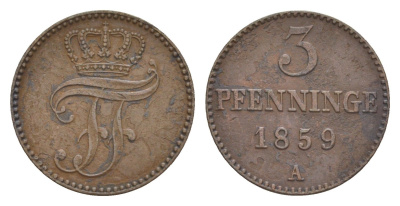 Мекленбург-Шверин 3 пфеннига 1859 A, Фридрих Франц II (1842-1883) Jaeger 56, AKS 48, KM 310 (C101a) медь 4649-516