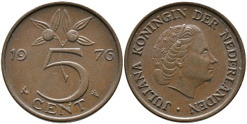Нидерланды 5 центов 1976 Юлиана (1949-1980) KM 181 бронза 65-1223