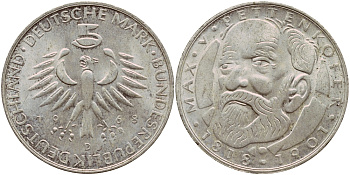 ФРГ 5 марок 1968 D, 150 лет со дня рождения Макса фон Петтенкофера J. 398, KM 123.1 серебро aUNC 1529-211