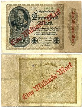 Германия 1000000000 марок 1923 сентябрь 1923, диагональная красная надпечатка на 1000 марок 1922 Pick 113a бумага 3295-71-3
