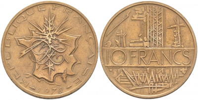 Франция 10 франков 1978 тип Матье KM 940, Le Franc 365.11-12 никель латунь 3855-725