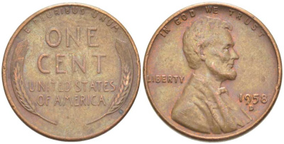 США 1 ЦЕНТ 1958 D, ЛИНКОЛЬН KM А132 медь цинк 218-733