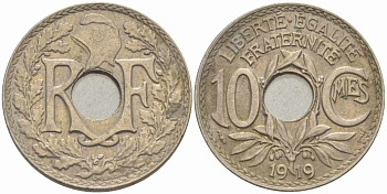ФРАНЦИЯ 10 САНТИМОВ 1919 ТИП ЛИНДАЙЁ KM 866а, LE FRANC 138.3 медно-никель 108-127