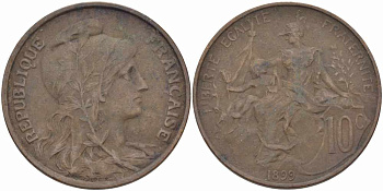 ФРАНЦИЯ 10 САНТИМОВ 1899 ТИП ДАНИЭЛЬ ДЮПЮИ KM 843, LA FRANC 136.8 бронза 109-126