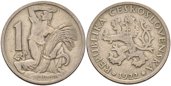 Чехословакия 1 крона 1922 женщина со снопом и серпом KM 4 медно-никель 4143-536
