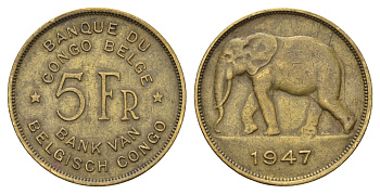 Бельгийское Конго 5 франков 1947 Леопольд III (1934-1951), год-тип KM 29 латунь 1518-541