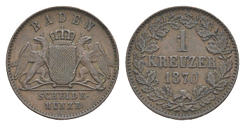 Баден 1 крейцер 1870 Фридрих I (1856-1907) KM 242 медь 4604-944