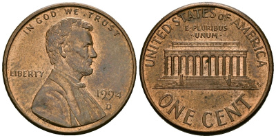 США 1 цент 1994 D KM 201b цинк плакированный медью 4136-1012