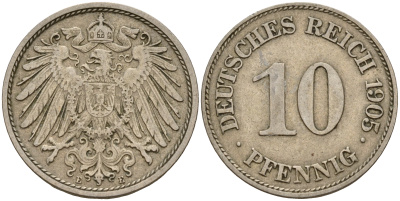 Германия 10 пфеннигов 1905 E J. 13,  KM 12 медно-никель    4603-654