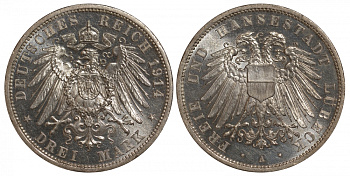 Любек 3 марки 1914 A Weege 82, J. 82, KM 215 серебро UNC 10-014-28