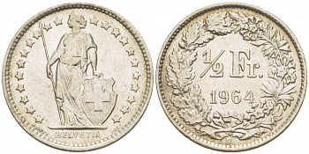 ШВЕЙЦАРИЯ 1/2 ФРАНКА 1964 KM 23 серебро 3309-657