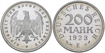 Германия 200 марок 1923 E, Веймарская республика, тираж 4095 ЭКЗ., Weege 22, J. 304, KM 35 алюминий PROOF 00-814-34